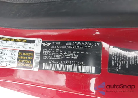 2005 Mini Cooper S z USA, uszkodzony, nr VIN WMWRE33485TG95486